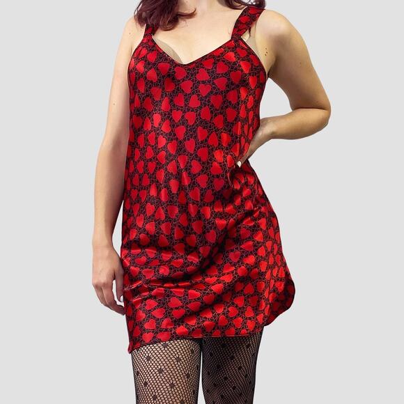 Vintage Red and Black Hearts Slip Dress Sz Small - Picture 1 of 7